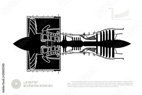 Black silhouette ot airplane jet engine. Industrial aerospase blueprint. Drawing of plane motor. Part of aircraft. Isolated image. Side view