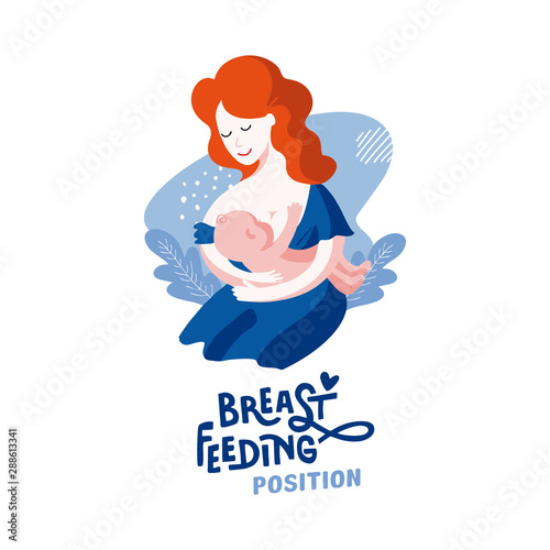 Lettering Breast feeding sitting position. Vector flat logo. Mother and newborn baby Illustration. Concept of motherhood and breastfeeding. Poster Breastfeeding Day