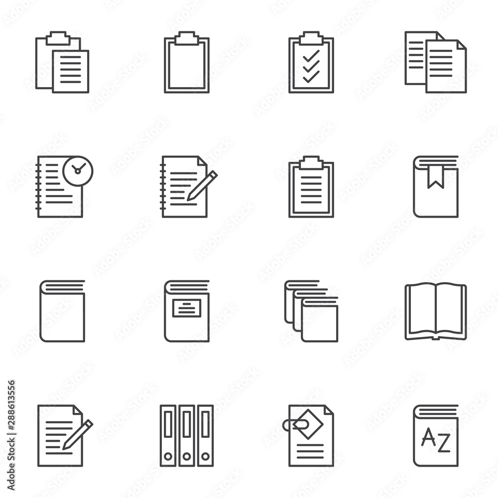 Document file folders line icons set. linear style symbols collection, outline signs pack. vector graphics. Set includes icons as paper clipboard, task list, open book page, office folders, notebook Document file folders line icons set. linear style symbols collection, outline signs pack. vector graphics. Set includes icons as paper clipboard, task list, open book page, office folders, notebook