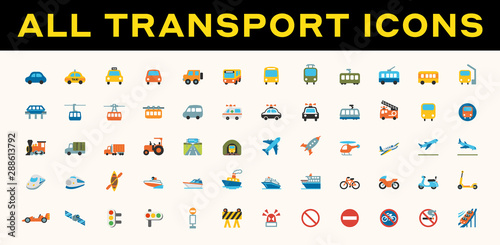 All Transport, Transportation Vector Icons. Logistics, Delivery, Shipping, Railway, Airways, Ambulance, Emergency Car Symbols, Emojis, Emoticons, Flat Illustrations Set, Collection