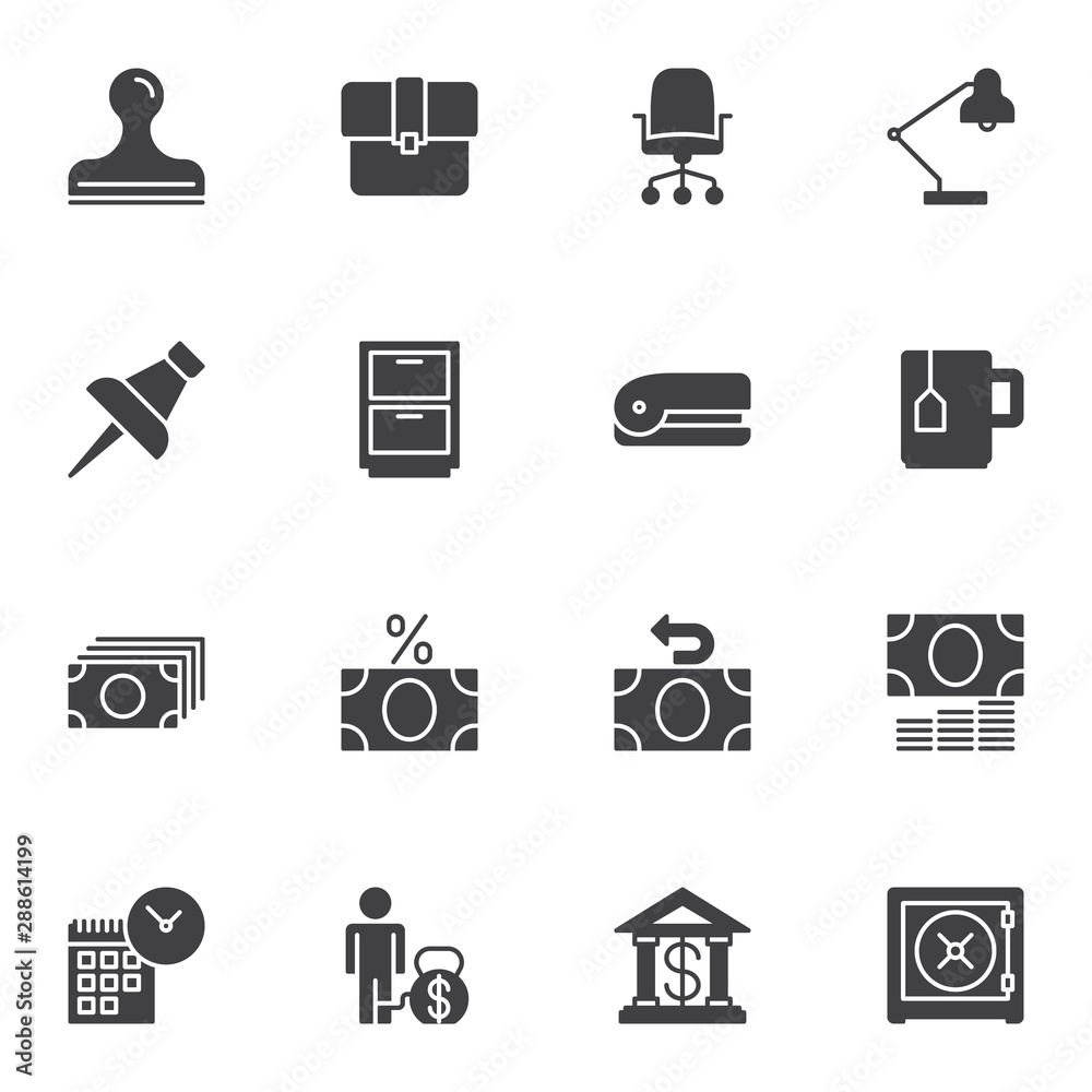 Bank office vector icons set, modern solid symbol collection filled style pictogram pack. Signs logo illustration. Set includes icons as stamp, portfolio, chair, desk lamp, push pin, cupboard, stapler Bank office vector icons set, modern solid symbol collection filled style pictogram pack. Signs logo illustration. Set includes icons as stamp, portfolio, chair, desk lamp, push pin, cupboard, stapler