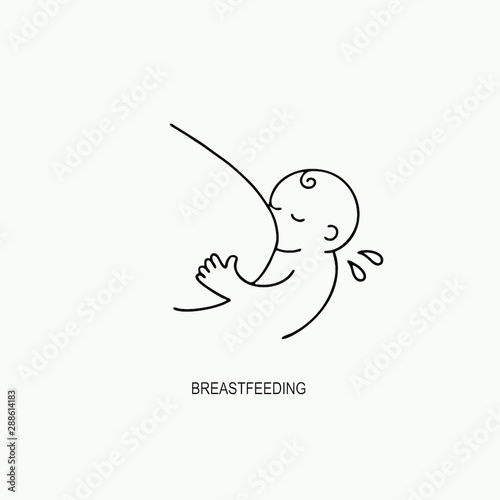 Vector linear contour flat logo. Illustration with Mother and newborn baby in her arms on an isolated white background. Concept of support for motherhood. the child drinks milk from the female breast