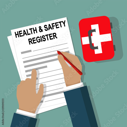 Health and Safety Register Business Hand writes by First Aid Kit