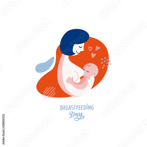 Vector silhouette flat logo. Illustration with Mother and newborn baby in her arms on an isolated white background. Concept of support for motherhood. Lettering Breastfeeding Day