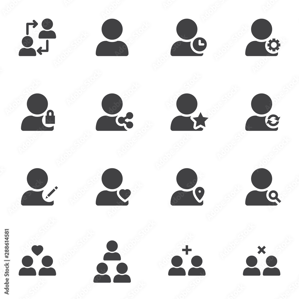 Basic user vector icons set, modern solid symbol collection filled style pictogram pack. Signs logo illustration. Set includes icons as user group, personal settings, share contact, block, rating star Basic user vector icons set, modern solid symbol collection filled style pictogram pack. Signs logo illustration. Set includes icons as user group, personal settings, share contact, block, rating star