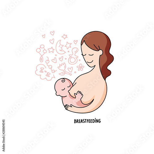 Vector linear contour flat logo breastfeeding. Mother and newborn baby in her arms on an isolated white background. Concept of support for motherhood. Hand written lettering breastfeeding