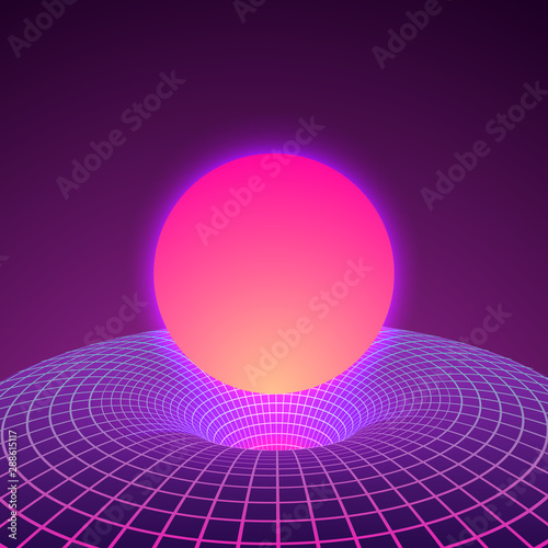 Black Hole and warp space in neon colors by 80s. Background or cover for retrowave electronic music style. Vector illustration