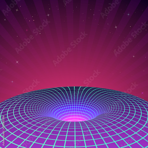 Black Hole in neon colors by 80s or 90s. Sci-fi poster template. Background or cover for retrowave electronic music style. Vector illustration