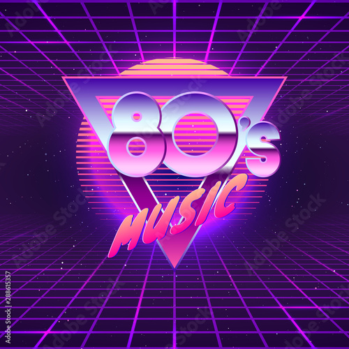 Paster template for retro party 80s. Neon colors. Vintage electronic music flyer. Vector illustration