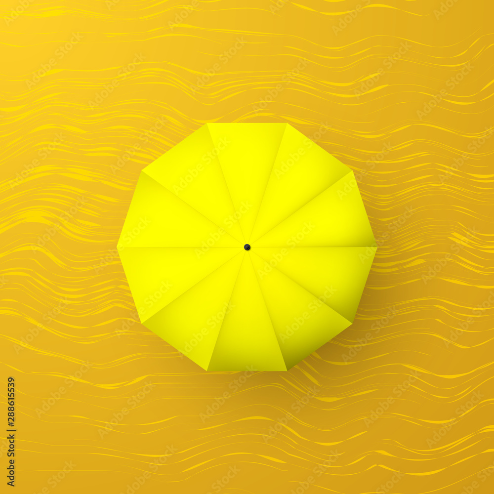 Yellow umbrella on sand. Top view. Parasol with shadow. Vector illustration