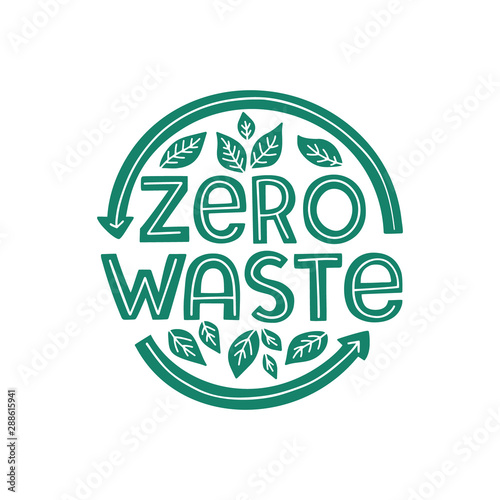 Zero waste lettering composition with leaves isolated on white background. Vector ecologic badge.