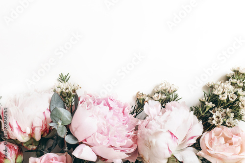 Decorative web banner made of beautiful pink peonies, rosies and eucalyptus isolated on white background. Feminine floral frame composition. Styled stock photo.Empty space. Flat lay, top view.