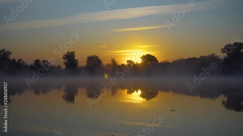 Sunrise At Foggy River In Summer