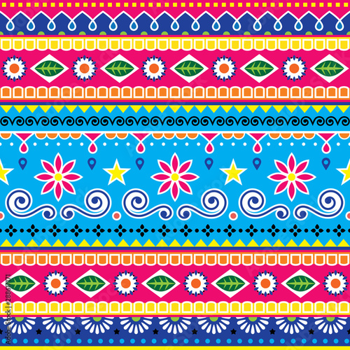 	 Pakistani or Indian seamless pattern, truck art decorative floral ornament, vibrant design with flowers, leaves and abstract shapes 