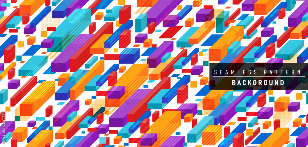 Modern Flat Isometric block shape Seamless pattern Background. Trendy Colorful Vector illustration