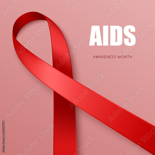 Realistic red ribbon. Symbol of AIDS, blood cancer, cardiomyopathy, hemophilia awareness