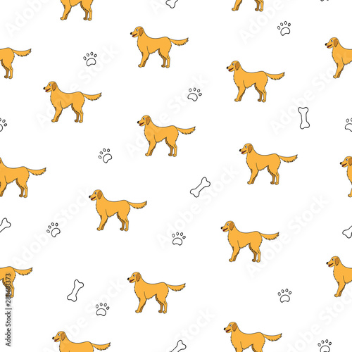 Seamless pattern with cartoon labrador retriever dog, bones and paws