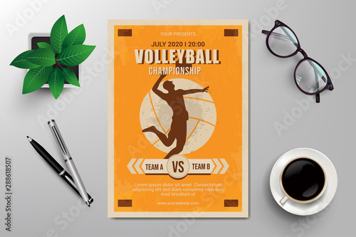 volleyball championship flyer template, retro flat design vector