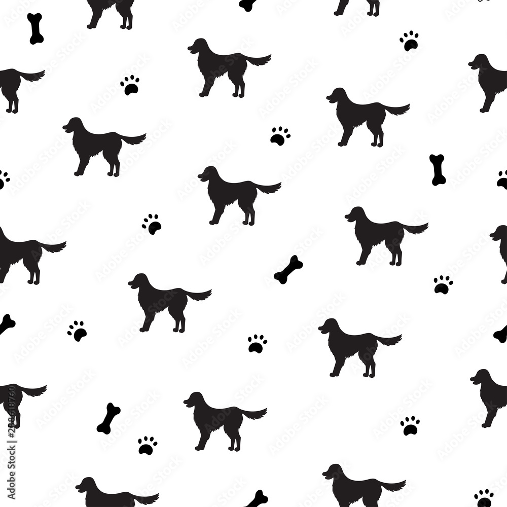 Seamless pattern with black silhouettes of cartoon labrador retriever dogs on white