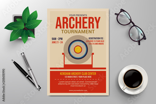 archery tournament flyer template, retor flat design vector