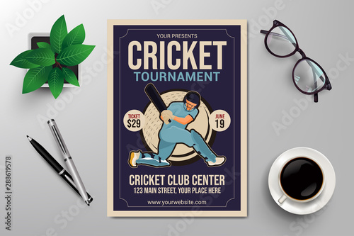 cricket tournament flyer template, retro flat design vector