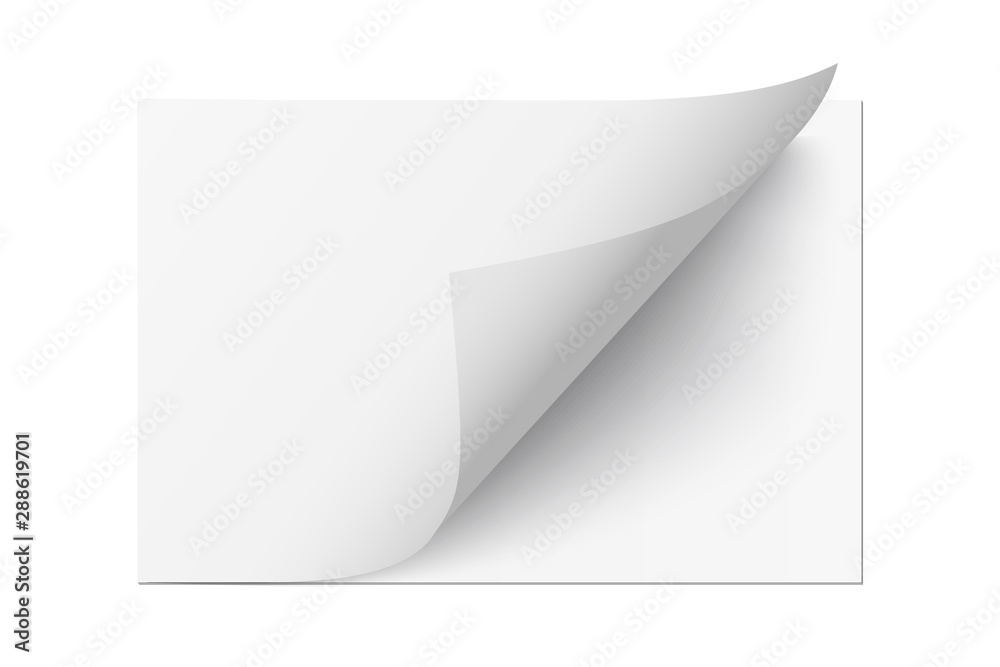 White album paper sheet with curved edge isolated on white background. Vector design element. White album paper sheet with curved edge isolated on white background. Vector design element.