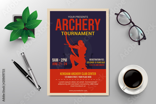 archery tournament flyer template, retro flat design vector