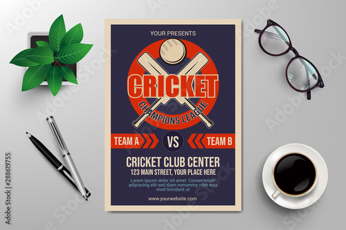 cricket champions league flyer template, retro flat design vector photo