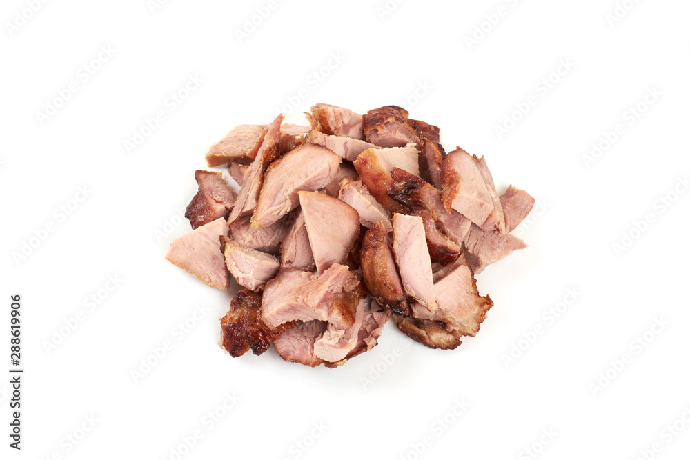 pieces of roasted turkey meat, isolated on white background.