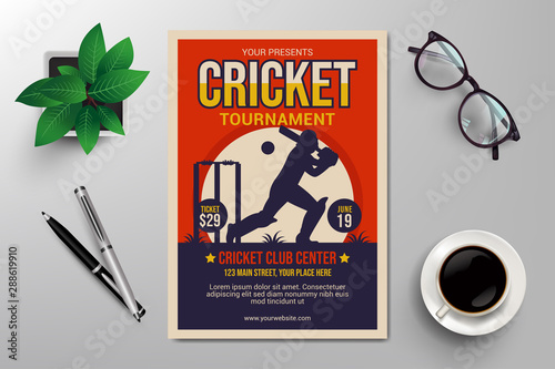 cricket tournament flyer template, retro flat design vector photo