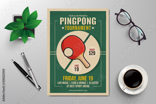 pingpong tournament flyer template, retro flat design vector