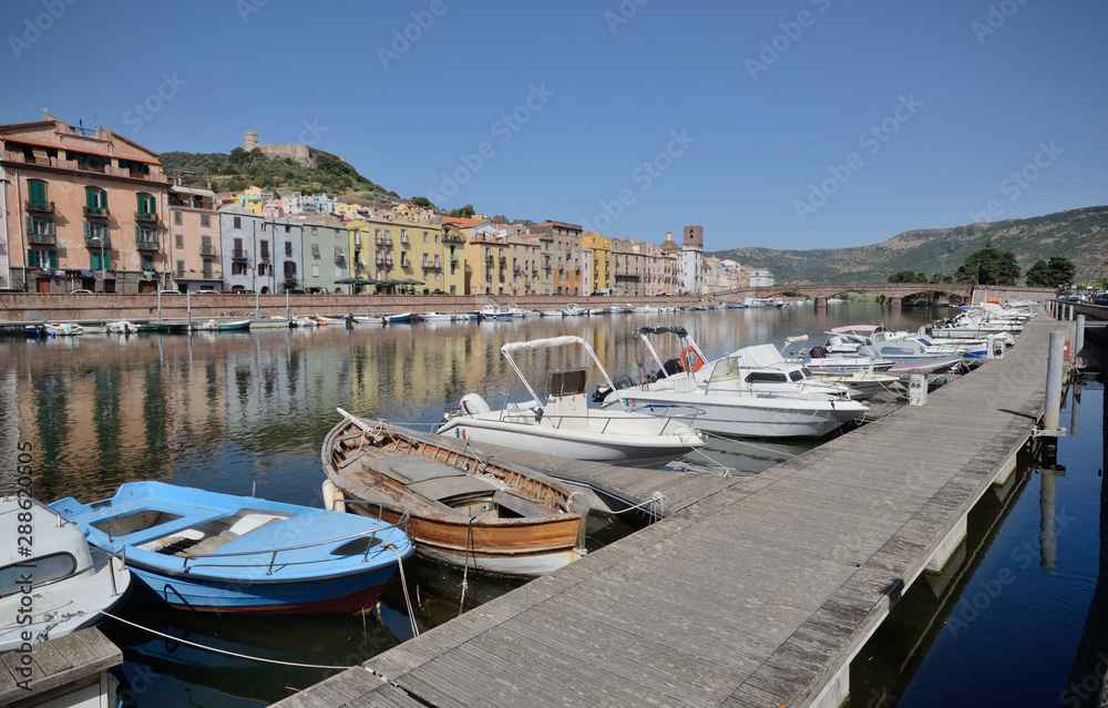boats in the Temo River harbor of Bosa town, in Sardinia