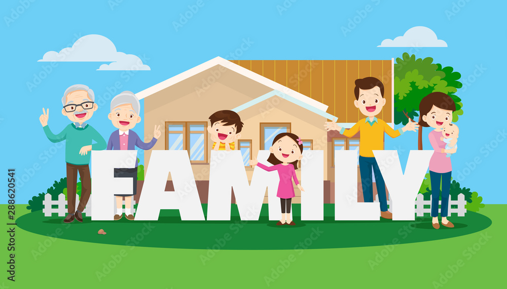 Big happy family on the background of the house concept
