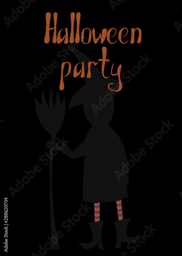 Postcard Halloween. Witch in striped stockings. Design for invitations, cards, wallpapers, gift wraps.