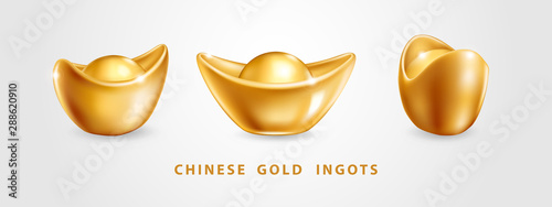 Set of three vector realistic chinese gold ingots Yuan Bao isolated on white background. Decoration elements for Chinese New Year design. Symbol of wealth, abundance and monetary luck in Feng Shu