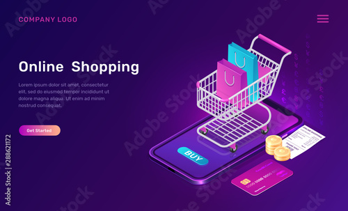 Online shopping, isometric concept vector illustration. Smartphone screen with buy button, shopping cart with bags, credit card and paper check isolated on ultraviolet, landing web page for mobile app