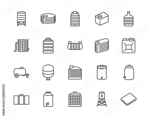 Water tank flat line icons set. Liquid storage, plastic container, rainwater harvesting, oil plastic barrel, vector illustrations. Outline signs for aqua industry. Pixel perfect 64x64 Editable Stroke