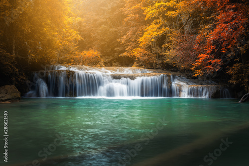 Beautiful Nature Scenic of Waterfall in Autumn Season Forest, Amazing Colorful Natural Landscape Scenery of Water Falls in Tropical. Paradise Fall With Emerald Pool in Jungle, Travel Place/ Outdoors