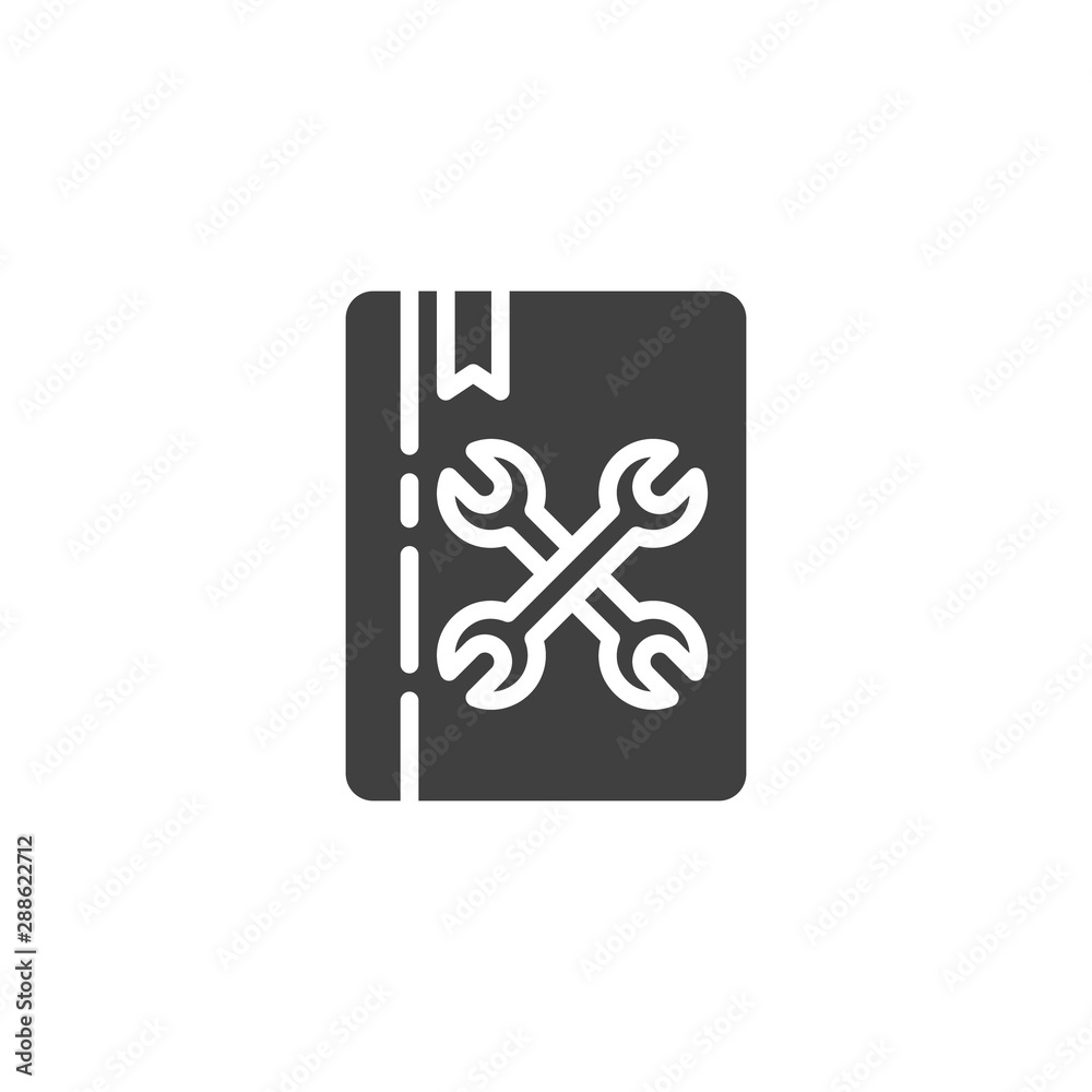 Manual book vector icon. Maintenance instructions filled flat sign for mobile concept and web design. Book with wrench glyph icon. Symbol, logo illustration. Vector graphics Manual book vector icon. Maintenance instructions filled flat sign for mobile concept and web design. Book with wrench glyph icon. Symbol, logo illustration. Vector graphics