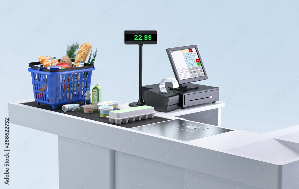 Supermarket cashier checkout work place with card payment terminal ...
