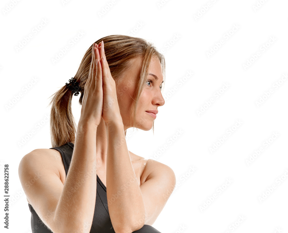 Portrait of young beautiful blonde doing exercise for hands Portrait of young beautiful blonde doing exercise for hands