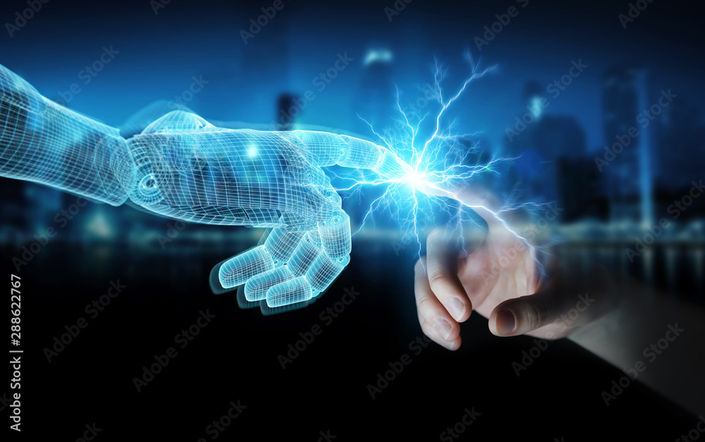 Wireframed Robot hand connecting with human hand on dark 3D rendering Wireframed Robot hand connecting with human hand on dark 3D rendering