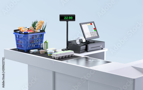 Supermarket cashier checkout work place with card payment terminal, order screen, shopping market basket with assorted grocery products, fresh food, drinks isolated. Budget planning, money saving. 3D photo