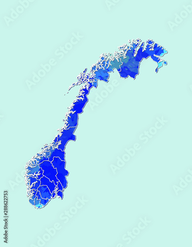 Norway watercolor map vector illustration of blue color with border lines of different regions or counties on light background using paint brush in page