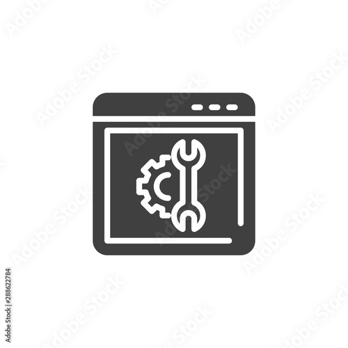 Website support vector icon. Browser settings filled flat sign for mobile concept and web design. Browser page with gear and wrench glyph icon. Symbol, logo illustration. Vector graphics