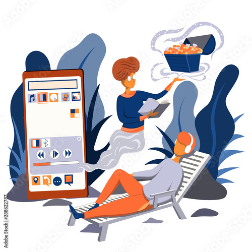 A young man lying listens to an audiobook. Gene reads a book and tells the story to the listener.