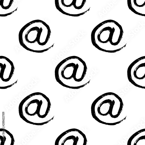 "At sign", standard symbol for electronic mail vector seamless pattern. Social media platform handles background. Ink paint brush symbols isolated on white background.