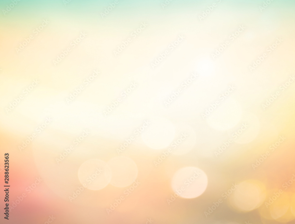 Summer holiday concept: Abstract bokeh flare sunlight with blur green and yellow nature sunrise beach background - obrazy, fototapety, plakaty 