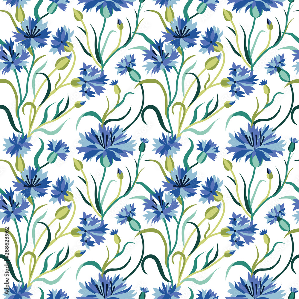 Fototapeta premium Seamless Floral Pattern with Blue Cornflowers on White