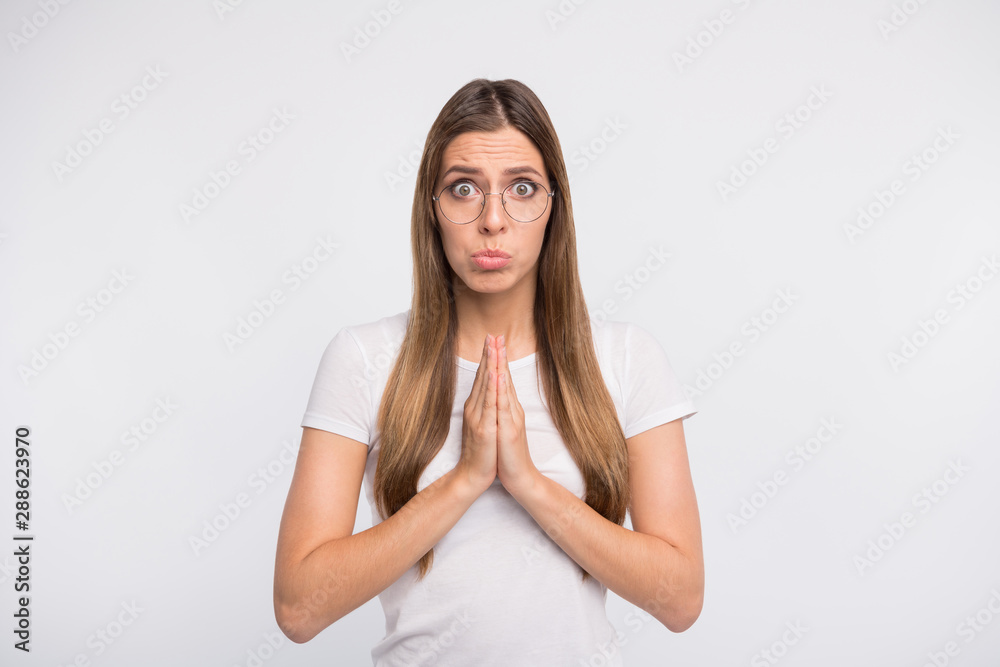 Pretty lady holding hands together need new skirt wear specs and casual t-shirt isolated white background Pretty lady holding hands together need new skirt wear specs and casual t-shirt isolated white background